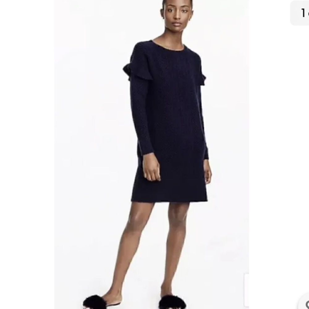 J. Crew Cable Knit Ruffle Sleeve Navy Blue Wool Blend Sweater Dress